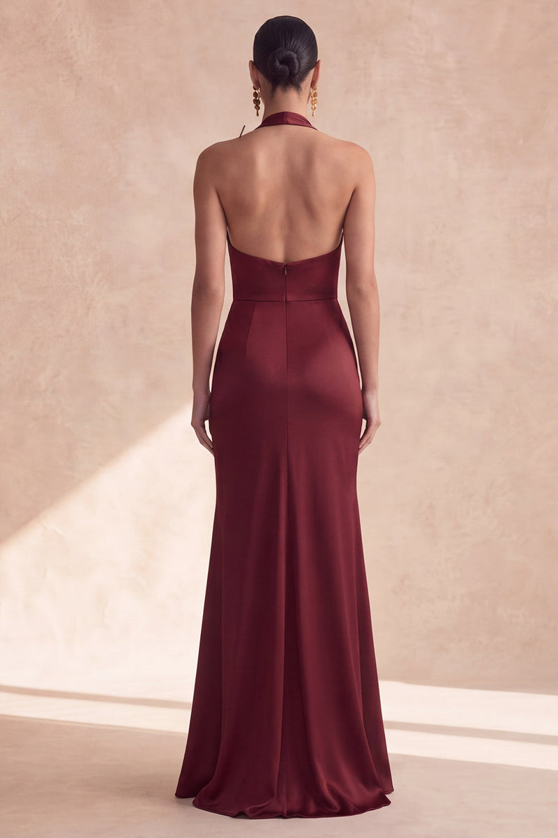 Laden Sie das Bild in den Galerie-Viewer, Cabernet-Neckholderhals mit gerafftem Meerjungfrauen-Langzeitkleid