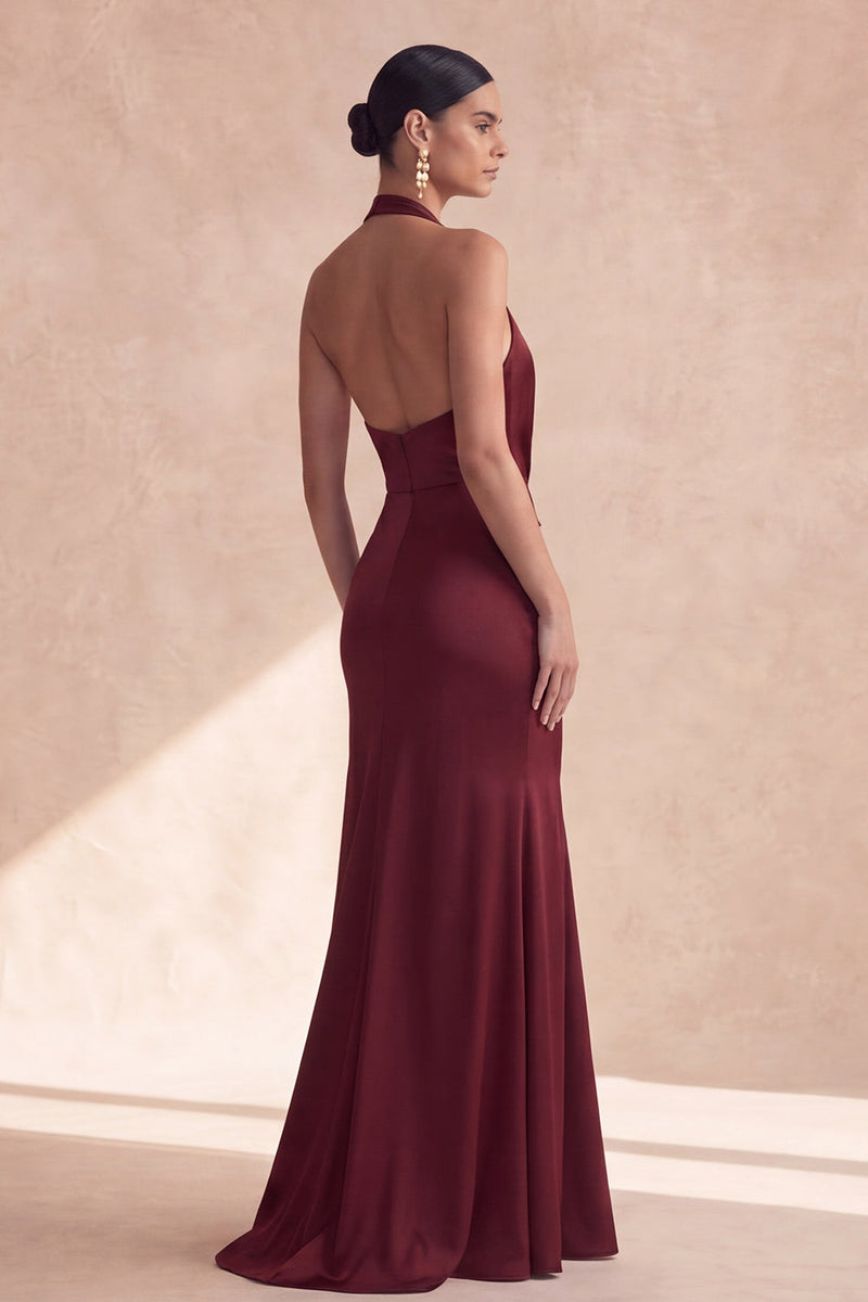 Laden Sie das Bild in den Galerie-Viewer, Cabernet-Neckholderhals mit gerafftem Meerjungfrauen-Langzeitkleid