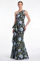 Laden Sie das Bild in den Galerie-Viewer, Rosa Blumen-Meerjungfrau mit einer Schulter Jacquard Langes Mutter-der-Braut-Kleid mit Rüschen