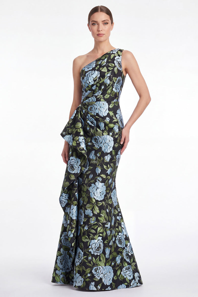 Laden Sie das Bild in den Galerie-Viewer, Rosa Blumen-Meerjungfrau mit einer Schulter Jacquard Langes Mutter-der-Braut-Kleid mit Rüschen