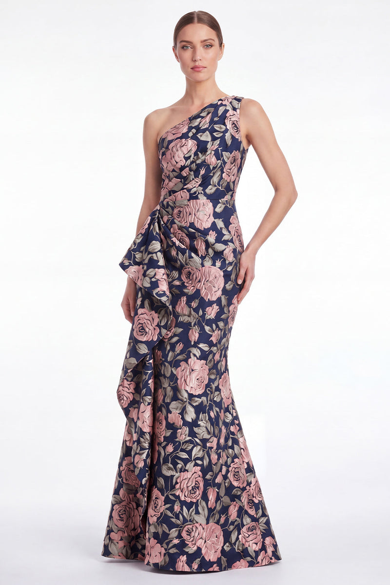 Laden Sie das Bild in den Galerie-Viewer, Rosa Blumen-Meerjungfrau mit einer Schulter Jacquard Langes Mutter-der-Braut-Kleid mit Rüschen