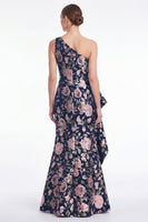 Laden Sie das Bild in den Galerie-Viewer, Rosa Blumen-Meerjungfrau mit einer Schulter Jacquard Langes Mutter-der-Braut-Kleid mit Rüschen