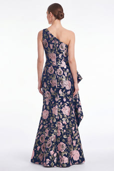 Rosa Blumen-Meerjungfrau mit einer Schulter Jacquard Langes Mutter-der-Braut-Kleid mit Rüschen