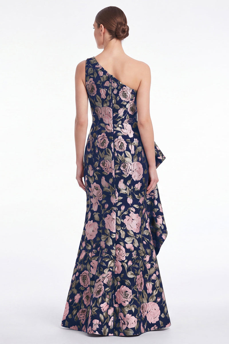 Laden Sie das Bild in den Galerie-Viewer, Rosa Blumen-Meerjungfrau mit einer Schulter Jacquard Langes Mutter-der-Braut-Kleid mit Rüschen