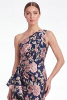 Laden Sie das Bild in den Galerie-Viewer, Rosa Blumen-Meerjungfrau mit einer Schulter Jacquard Langes Mutter-der-Braut-Kleid mit Rüschen