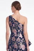 Laden Sie das Bild in den Galerie-Viewer, Rosa Blumen-Meerjungfrau mit einer Schulter Jacquard Langes Mutter-der-Braut-Kleid mit Rüschen