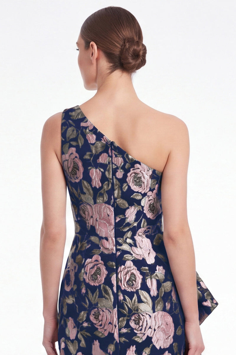 Laden Sie das Bild in den Galerie-Viewer, Rosa Blumen-Meerjungfrau mit einer Schulter Jacquard Langes Mutter-der-Braut-Kleid mit Rüschen