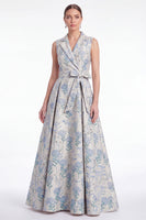Laden Sie das Bild in den Galerie-Viewer, A-Linie rosa Blumennotch-Revers Jacquard Langes Mutter-der-Braut-Kleid mit Gürtel