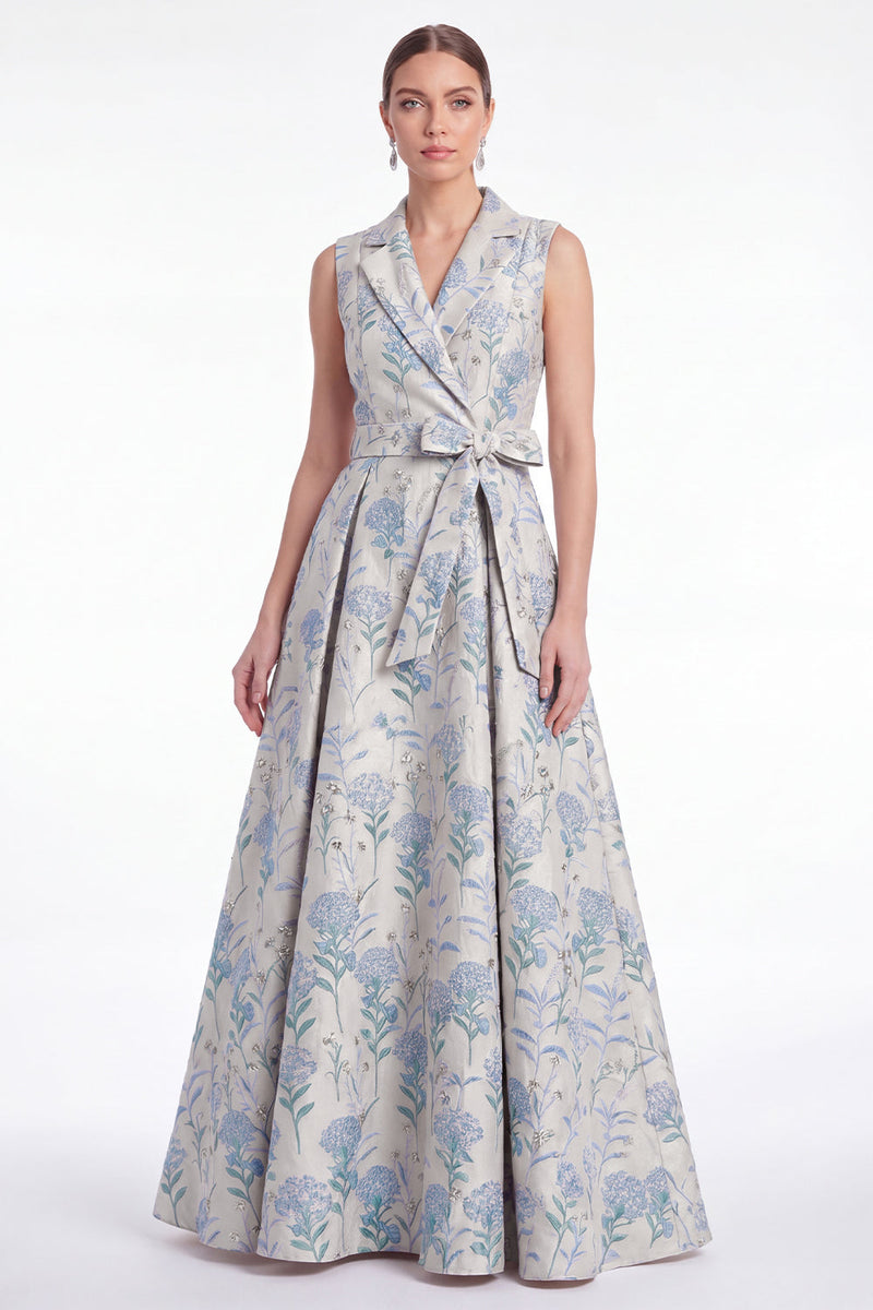 Laden Sie das Bild in den Galerie-Viewer, A-Linie rosa Blumennotch-Revers Jacquard Langes Mutter-der-Braut-Kleid mit Gürtel