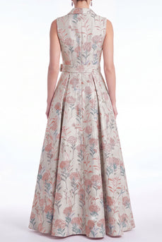 A-Linie rosa Blumennotch-Revers Jacquard Langes Mutter-der-Braut-Kleid mit Gürtel