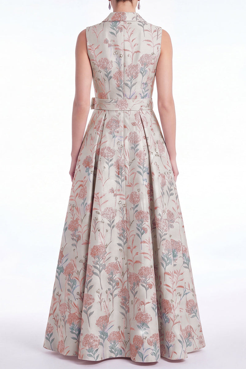 Laden Sie das Bild in den Galerie-Viewer, A-Linie rosa Blumennotch-Revers Jacquard Langes Mutter-der-Braut-Kleid mit Gürtel