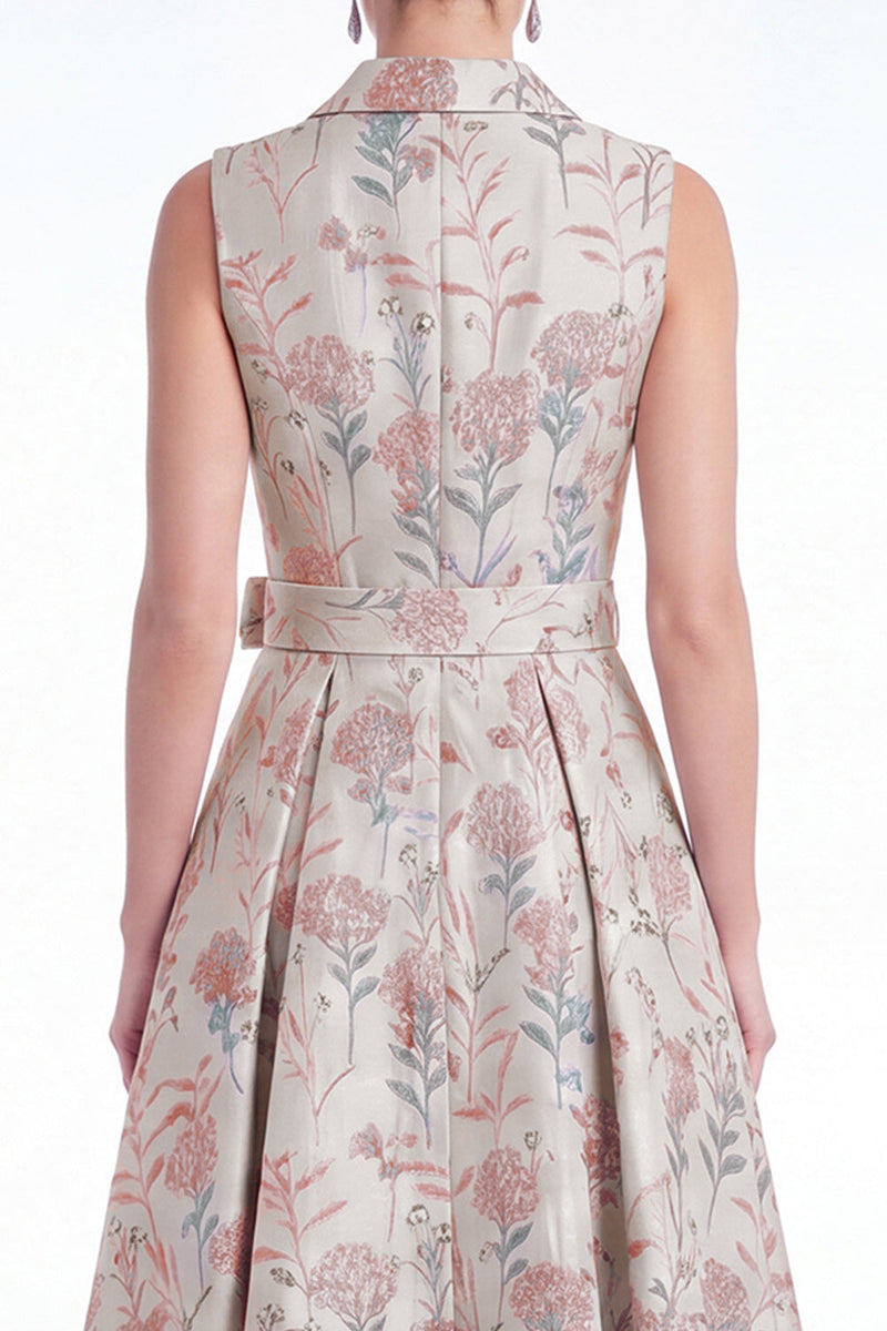Laden Sie das Bild in den Galerie-Viewer, A-Linie rosa Blumennotch-Revers Jacquard Langes Mutter-der-Braut-Kleid mit Gürtel