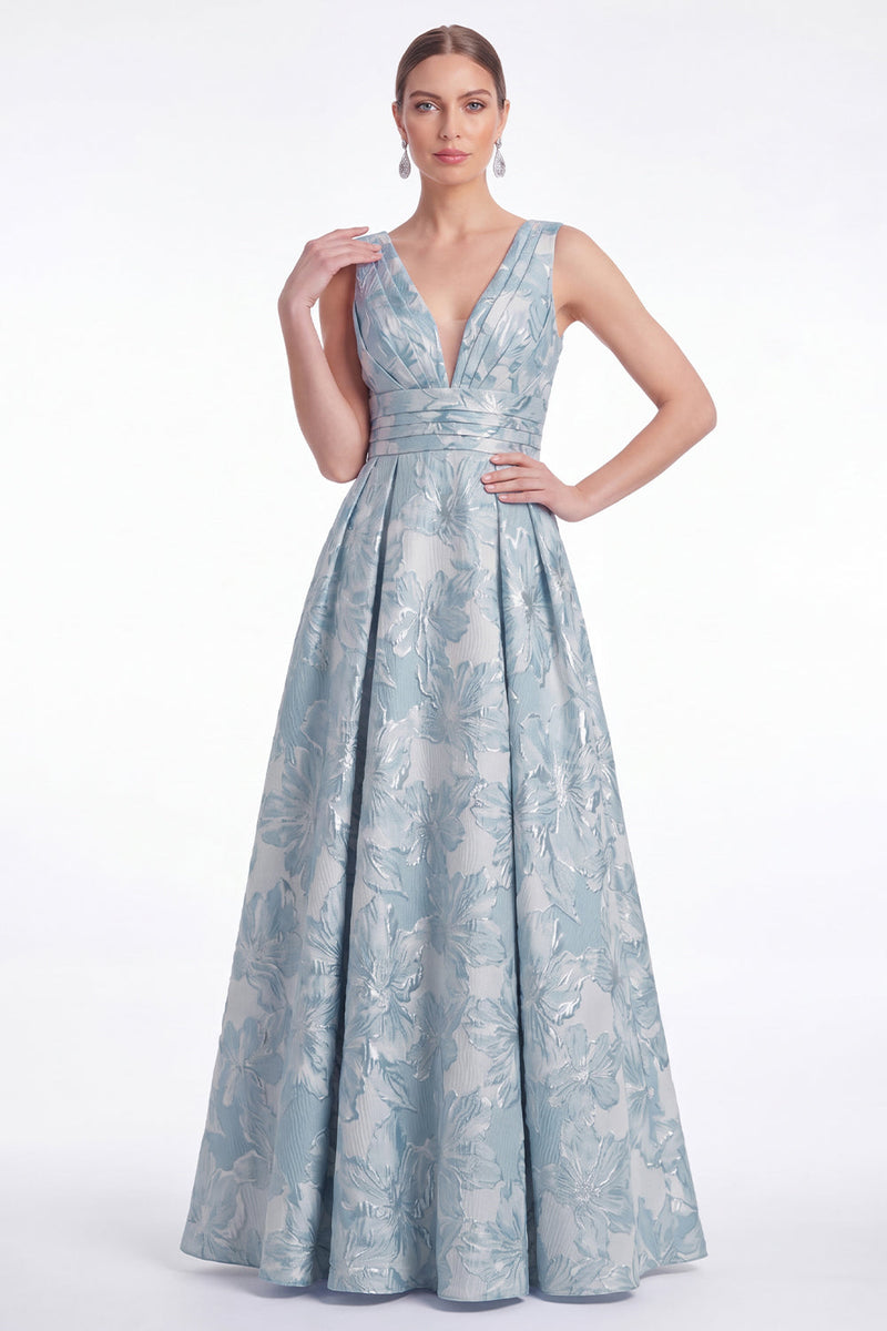 Laden Sie das Bild in den Galerie-Viewer, A-Linie blaues Blumen-Jacquard-V-Ausschnitt Langes Mutter-der-Braut-Kleid