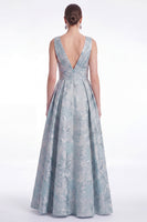 Laden Sie das Bild in den Galerie-Viewer, A-Linie blaues Blumen-Jacquard-V-Ausschnitt Langes Mutter-der-Braut-Kleid
