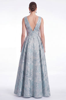 A-Linie blaues Blumen-Jacquard-V-Ausschnitt Langes Mutter-der-Braut-Kleid