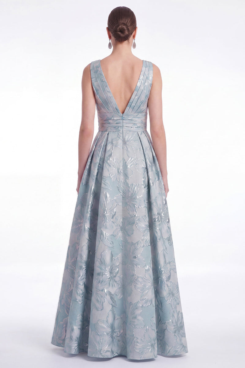 Laden Sie das Bild in den Galerie-Viewer, A-Linie blaues Blumen-Jacquard-V-Ausschnitt Langes Mutter-der-Braut-Kleid