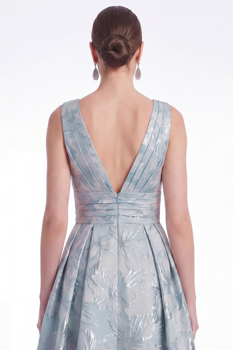 Laden Sie das Bild in den Galerie-Viewer, A-Linie blaues Blumen-Jacquard-V-Ausschnitt Langes Mutter-der-Braut-Kleid