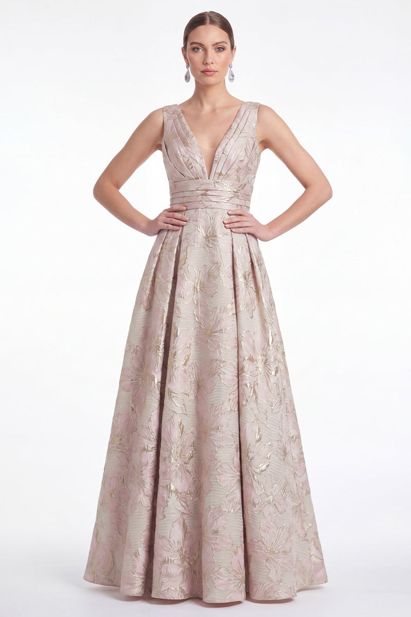 Laden Sie das Bild in den Galerie-Viewer, A-Linie blaues Blumen-Jacquard-V-Ausschnitt Langes Mutter-der-Braut-Kleid