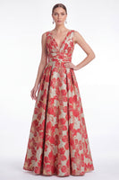 Laden Sie das Bild in den Galerie-Viewer, A-Linie blaues Blumen-Jacquard-V-Ausschnitt Langes Mutter-der-Braut-Kleid
