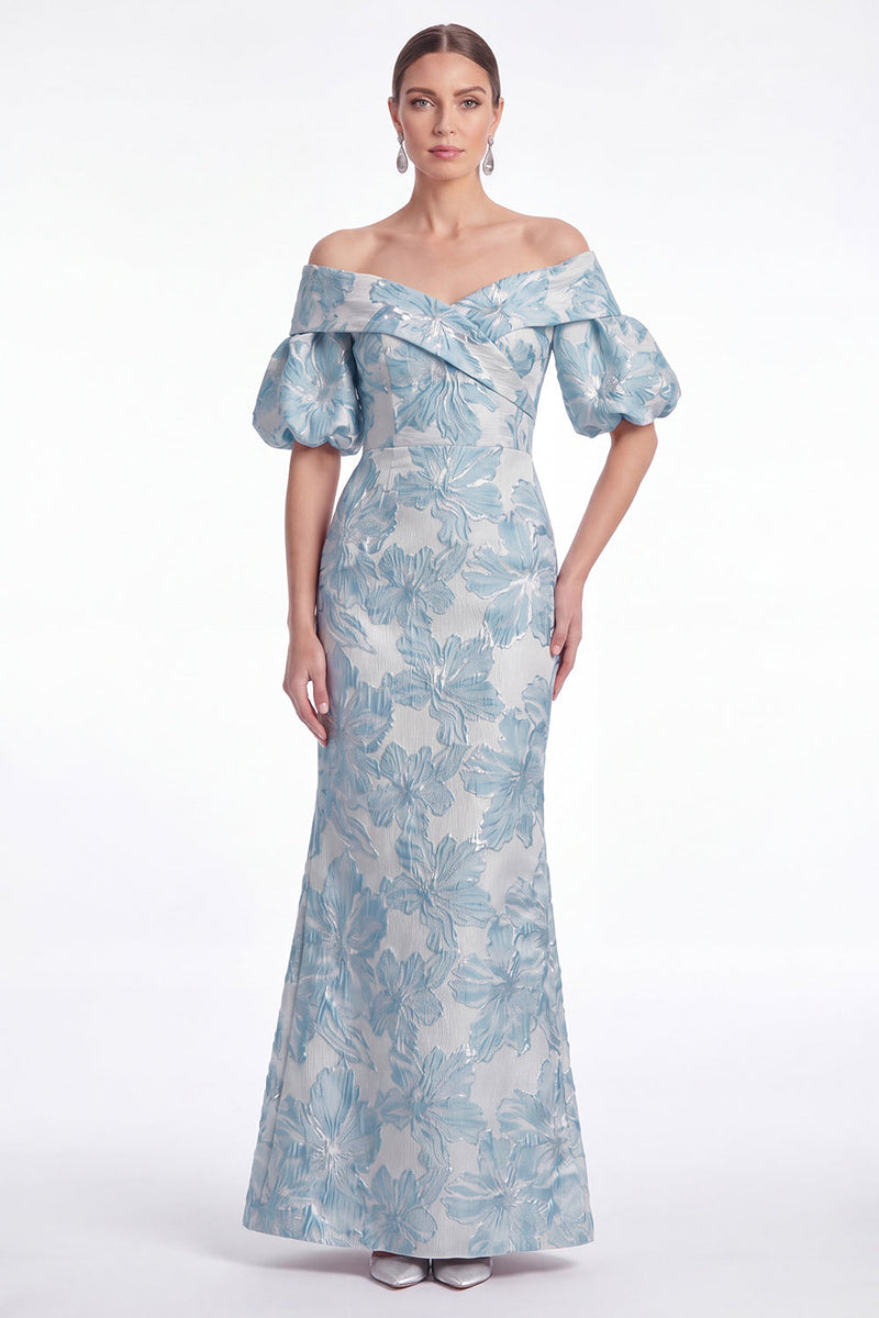 Laden Sie das Bild in den Galerie-Viewer, Off the Shoulder Meerjungfrau Pink Blume Jacquard Long Mutter der Braut Kleid