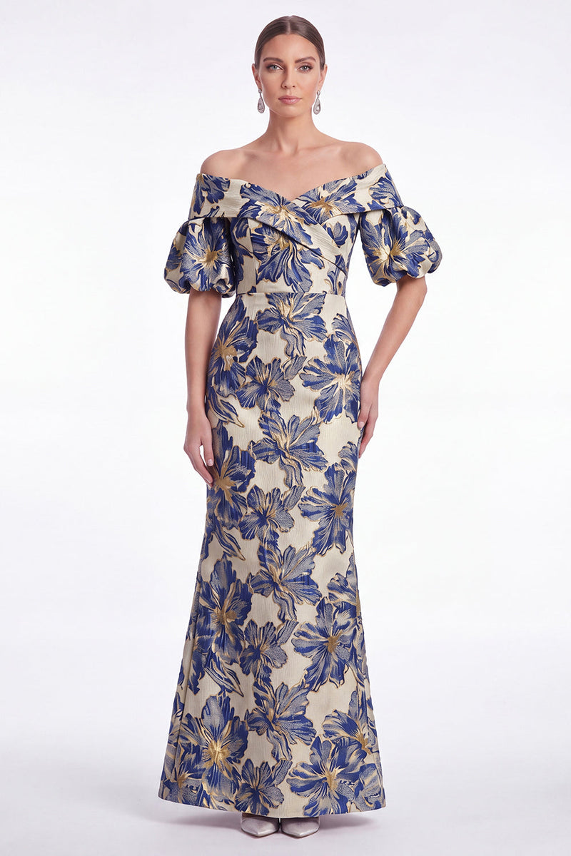 Laden Sie das Bild in den Galerie-Viewer, Off the Shoulder Meerjungfrau Pink Blume Jacquard Long Mutter der Braut Kleid