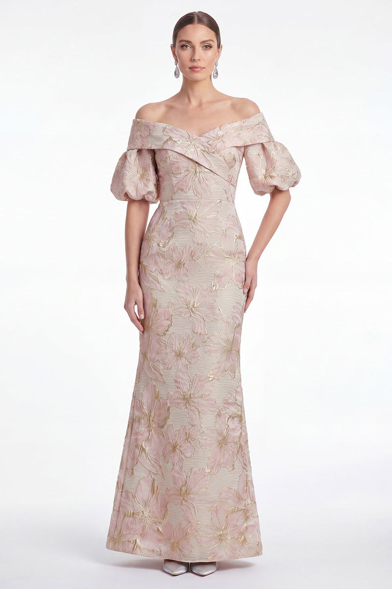 Laden Sie das Bild in den Galerie-Viewer, Off the Shoulder Meerjungfrau Pink Blume Jacquard Long Mutter der Braut Kleid