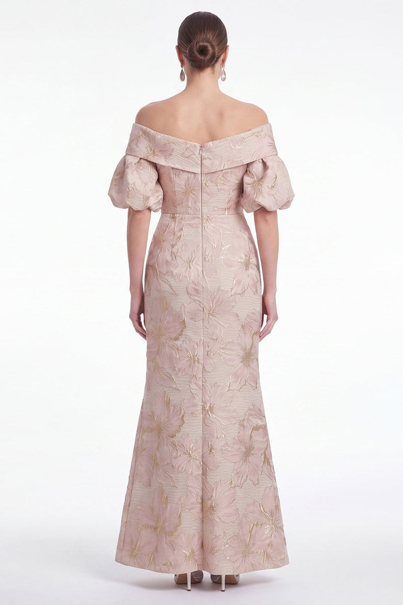 Laden Sie das Bild in den Galerie-Viewer, Off the Shoulder Meerjungfrau Pink Blume Jacquard Long Mutter der Braut Kleid