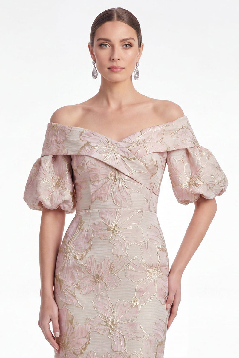 Laden Sie das Bild in den Galerie-Viewer, Off the Shoulder Meerjungfrau Pink Blume Jacquard Long Mutter der Braut Kleid