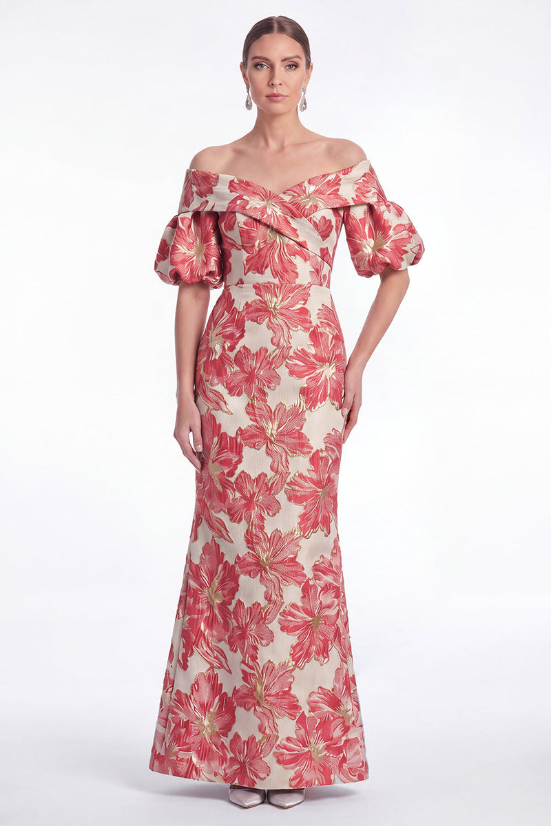 Laden Sie das Bild in den Galerie-Viewer, Off the Shoulder Meerjungfrau Pink Blume Jacquard Long Mutter der Braut Kleid