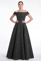 Laden Sie das Bild in den Galerie-Viewer, Off-the-shoulder blaues A-Linien-Blumenkleid in Jacquard Long Mother of the Bride