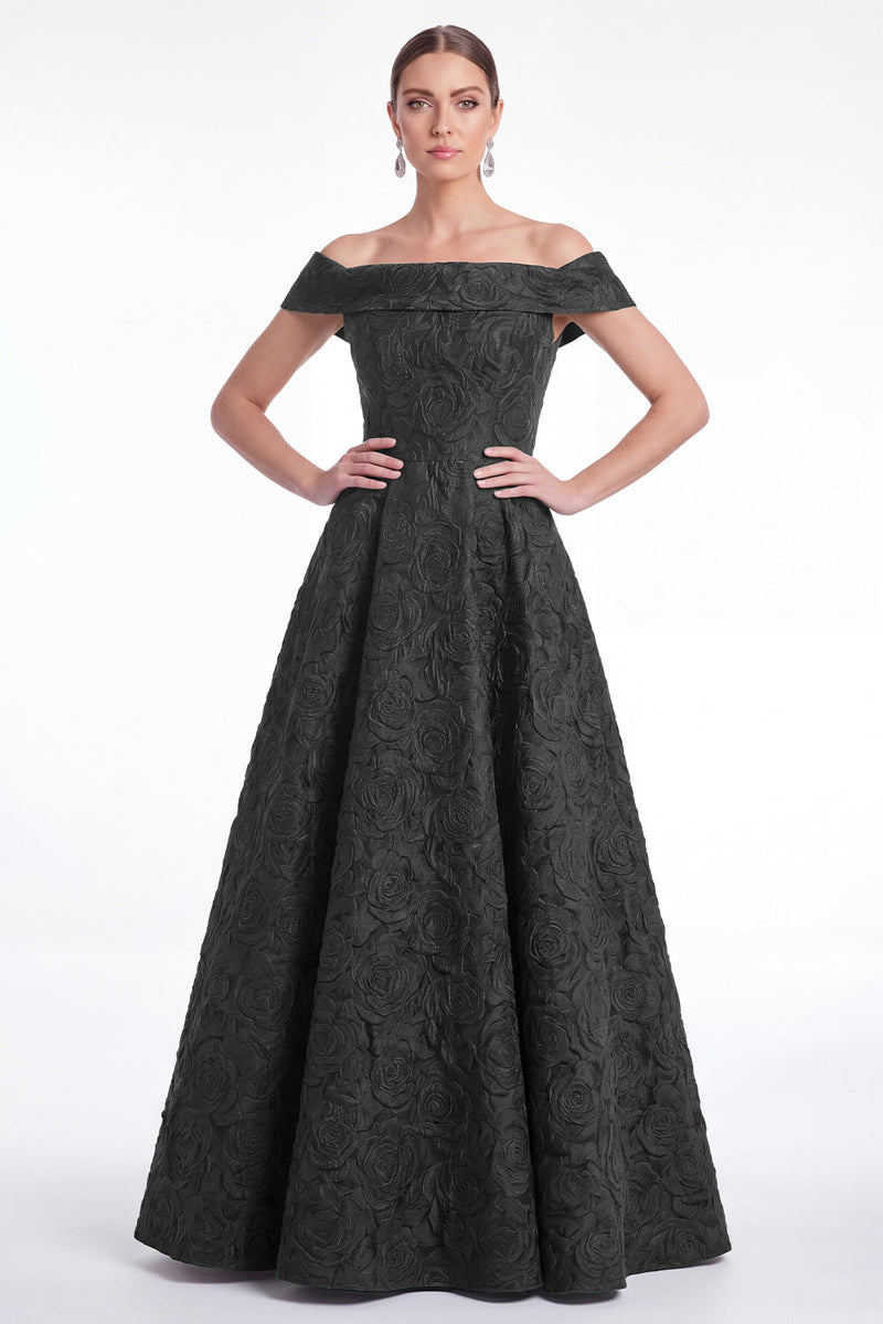 Laden Sie das Bild in den Galerie-Viewer, Off-the-shoulder blaues A-Linien-Blumenkleid in Jacquard Long Mother of the Bride