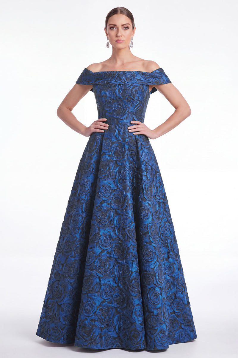 Laden Sie das Bild in den Galerie-Viewer, Off-the-shoulder blaues A-Linien-Blumenkleid in Jacquard Long Mother of the Bride