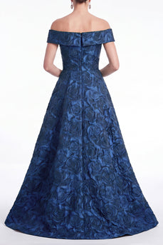 Off-the-shoulder blaues A-Linien-Blumenkleid in Jacquard Long Mother of the Bride