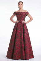 Laden Sie das Bild in den Galerie-Viewer, Off-the-shoulder blaues A-Linien-Blumenkleid in Jacquard Long Mother of the Bride