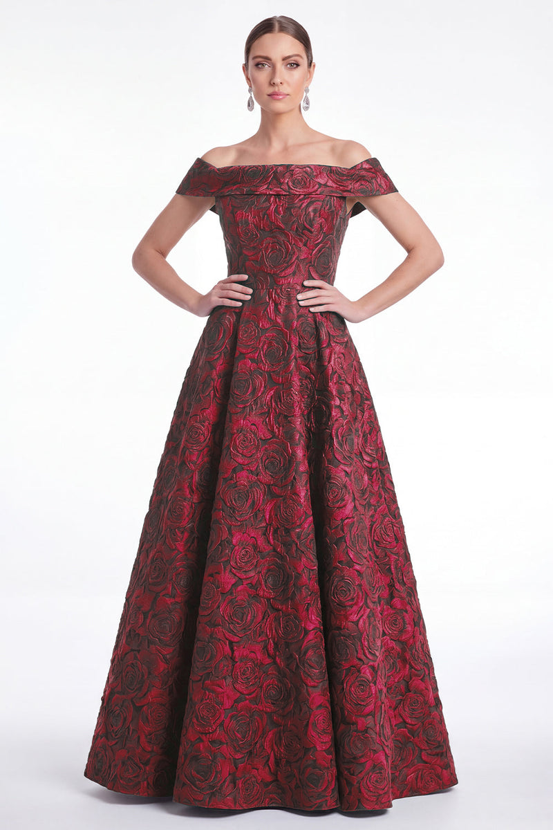 Laden Sie das Bild in den Galerie-Viewer, Off-the-shoulder blaues A-Linien-Blumenkleid in Jacquard Long Mother of the Bride