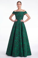 Laden Sie das Bild in den Galerie-Viewer, Off-the-shoulder blaues A-Linien-Blumenkleid in Jacquard Long Mother of the Bride