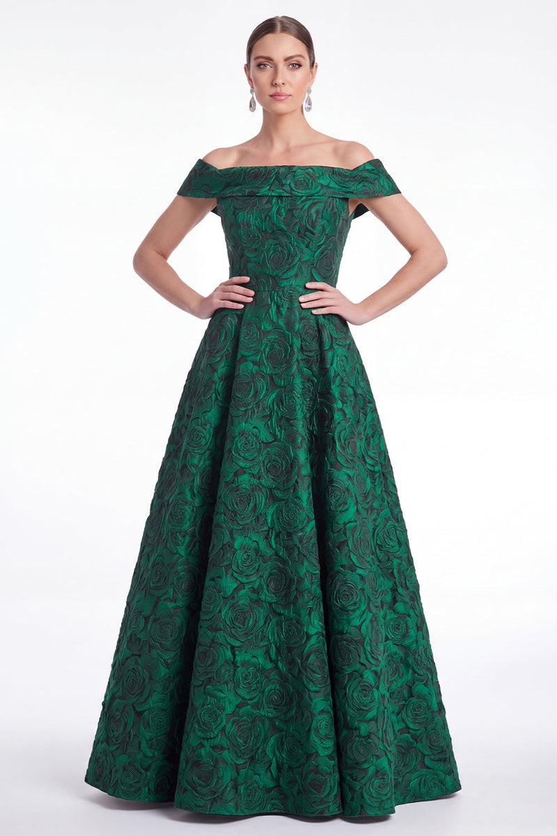 Laden Sie das Bild in den Galerie-Viewer, Off-the-shoulder blaues A-Linien-Blumenkleid in Jacquard Long Mother of the Bride