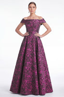 Laden Sie das Bild in den Galerie-Viewer, Off-the-shoulder blaues A-Linien-Blumenkleid in Jacquard Long Mother of the Bride