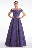 Laden Sie das Bild in den Galerie-Viewer, Off-the-shoulder blaues A-Linien-Blumenkleid in Jacquard Long Mother of the Bride