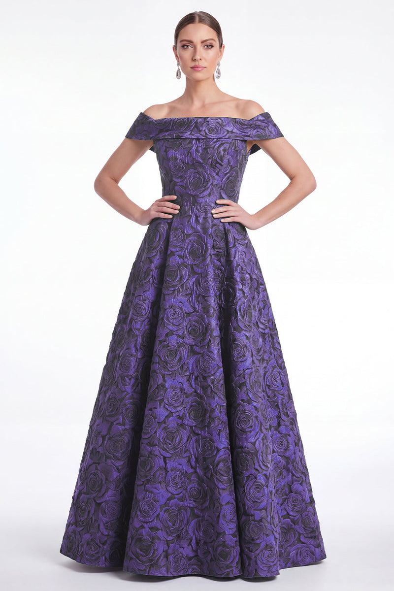 Laden Sie das Bild in den Galerie-Viewer, Off-the-shoulder blaues A-Linien-Blumenkleid in Jacquard Long Mother of the Bride