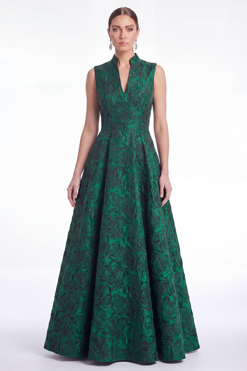 Laden Sie das Bild in den Galerie-Viewer, A-Linie grüne Blume Jacquard V-Ausschnitt Mutter der Braut Kleid