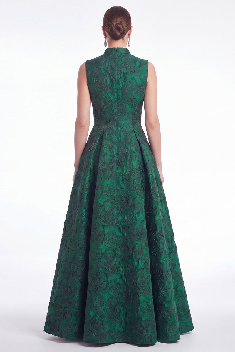 Laden Sie das Bild in den Galerie-Viewer, A-Linie grüne Blume Jacquard V-Ausschnitt Mutter der Braut Kleid