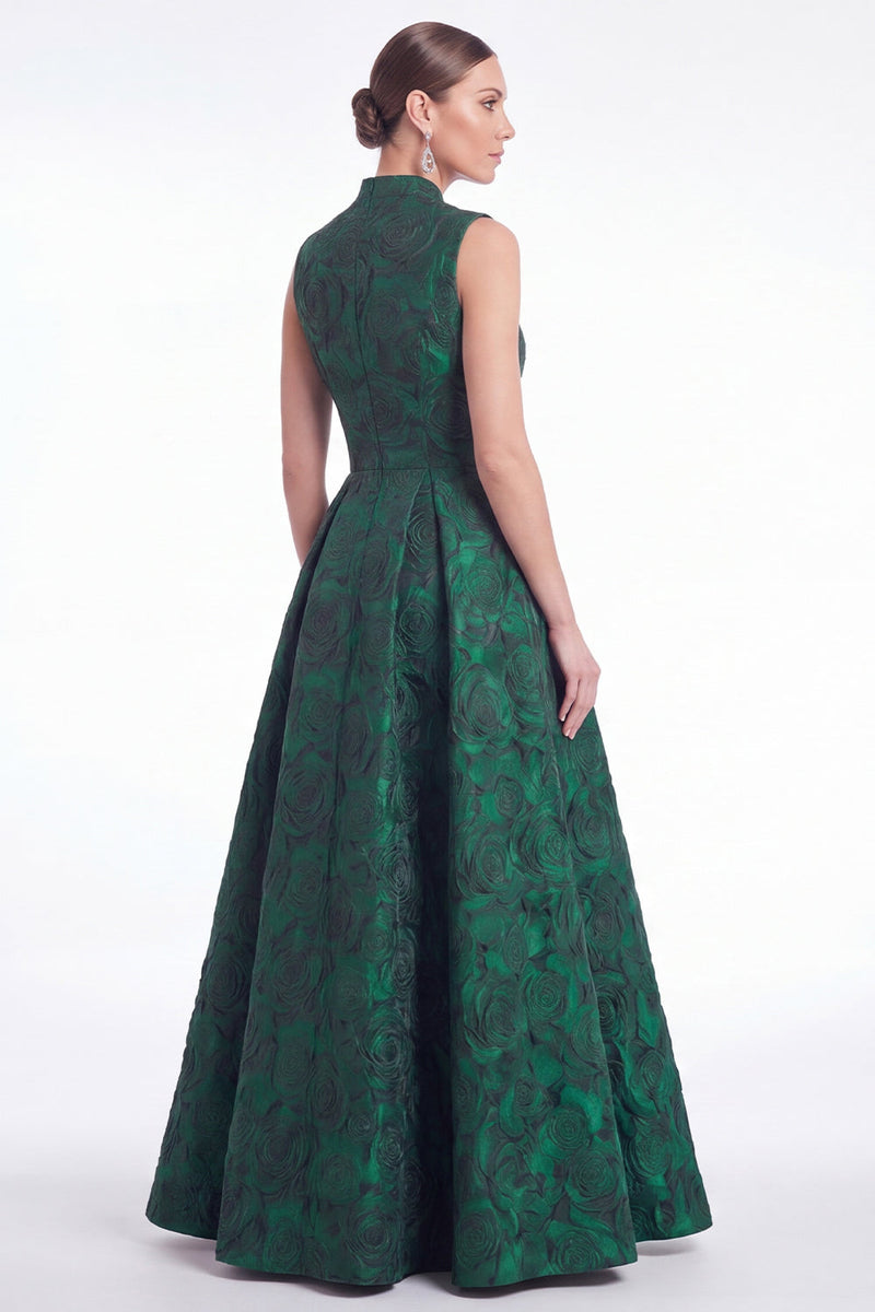 Laden Sie das Bild in den Galerie-Viewer, A-Linie grüne Blume Jacquard V-Ausschnitt Mutter der Braut Kleid