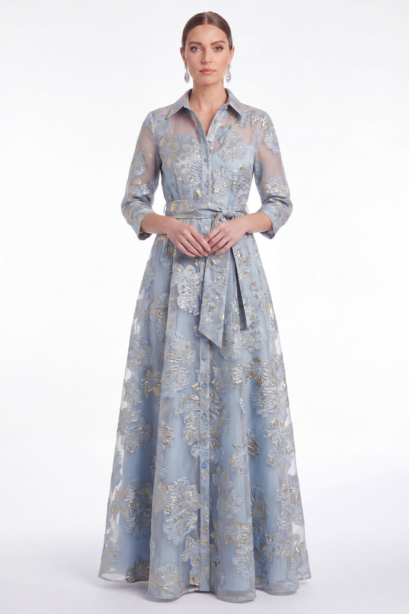 Laden Sie das Bild in den Galerie-Viewer, Champagner-A-Linie Jacquard Langes Mutter-der-Braut-Kleid mit Gürtel