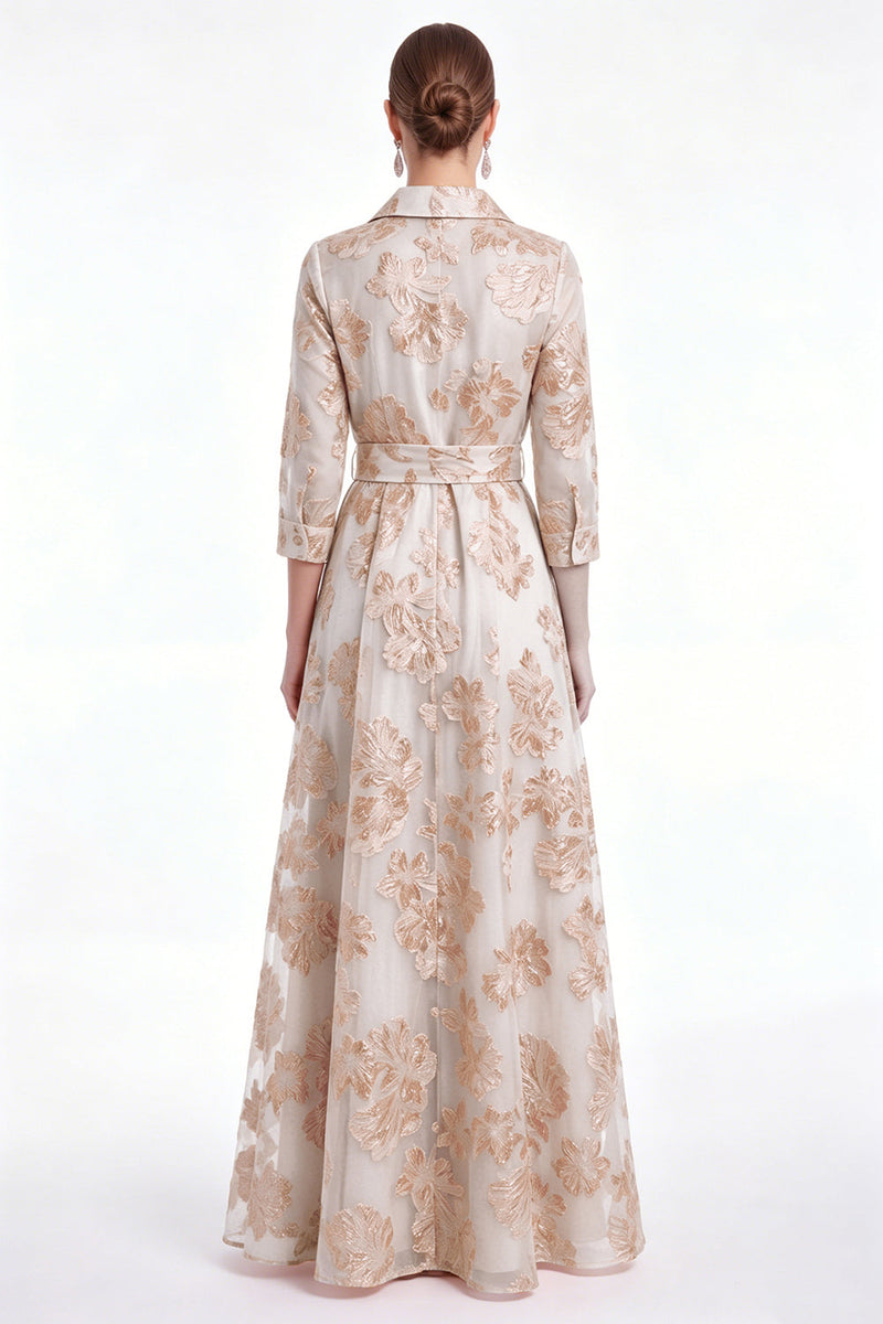 Laden Sie das Bild in den Galerie-Viewer, Champagner-A-Linie Jacquard Langes Mutter-der-Braut-Kleid mit Gürtel