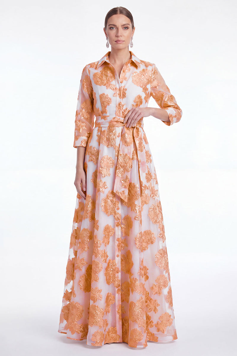 Laden Sie das Bild in den Galerie-Viewer, Champagner-A-Linie Jacquard Langes Mutter-der-Braut-Kleid mit Gürtel