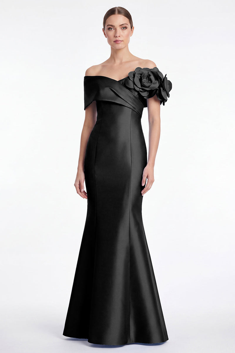 Laden Sie das Bild in den Galerie-Viewer, Staubiges blaues Satin-Off-the-Shoulder Meerjungfrauen-Langes Mutter-der-Braut-Kleid mit 3D-Blume