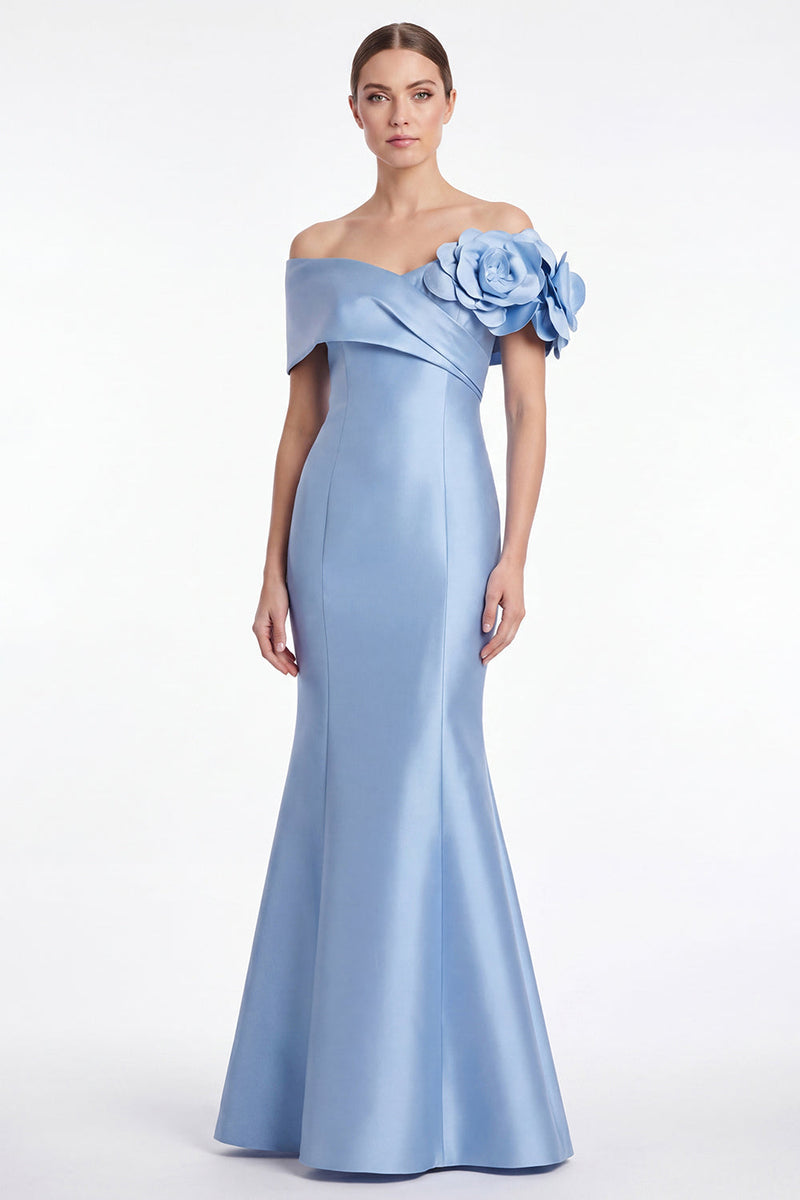 Laden Sie das Bild in den Galerie-Viewer, Staubiges blaues Satin-Off-the-Shoulder Meerjungfrauen-Langes Mutter-der-Braut-Kleid mit 3D-Blume