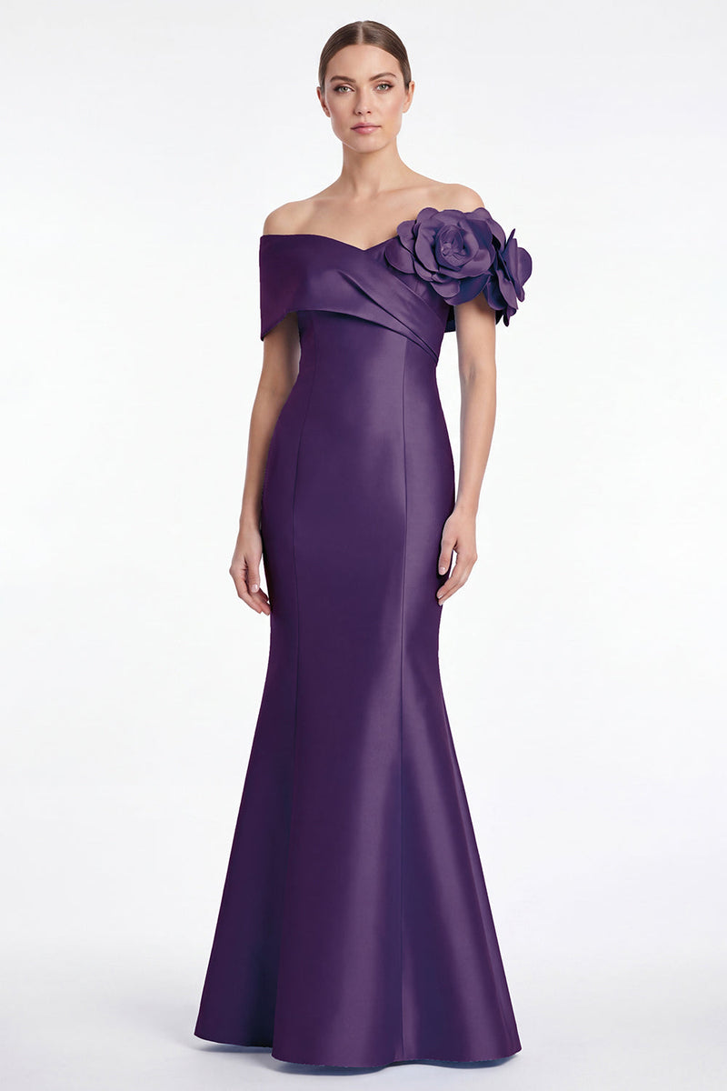 Laden Sie das Bild in den Galerie-Viewer, Staubiges blaues Satin-Off-the-Shoulder Meerjungfrauen-Langes Mutter-der-Braut-Kleid mit 3D-Blume