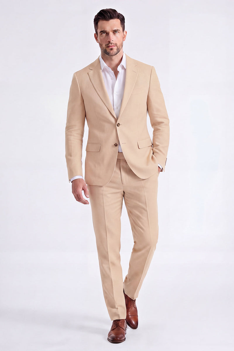 Laden Sie das Bild in den Galerie-Viewer, 2-teilige beige, einreihige Herrenanzüge mit Spitzrevers